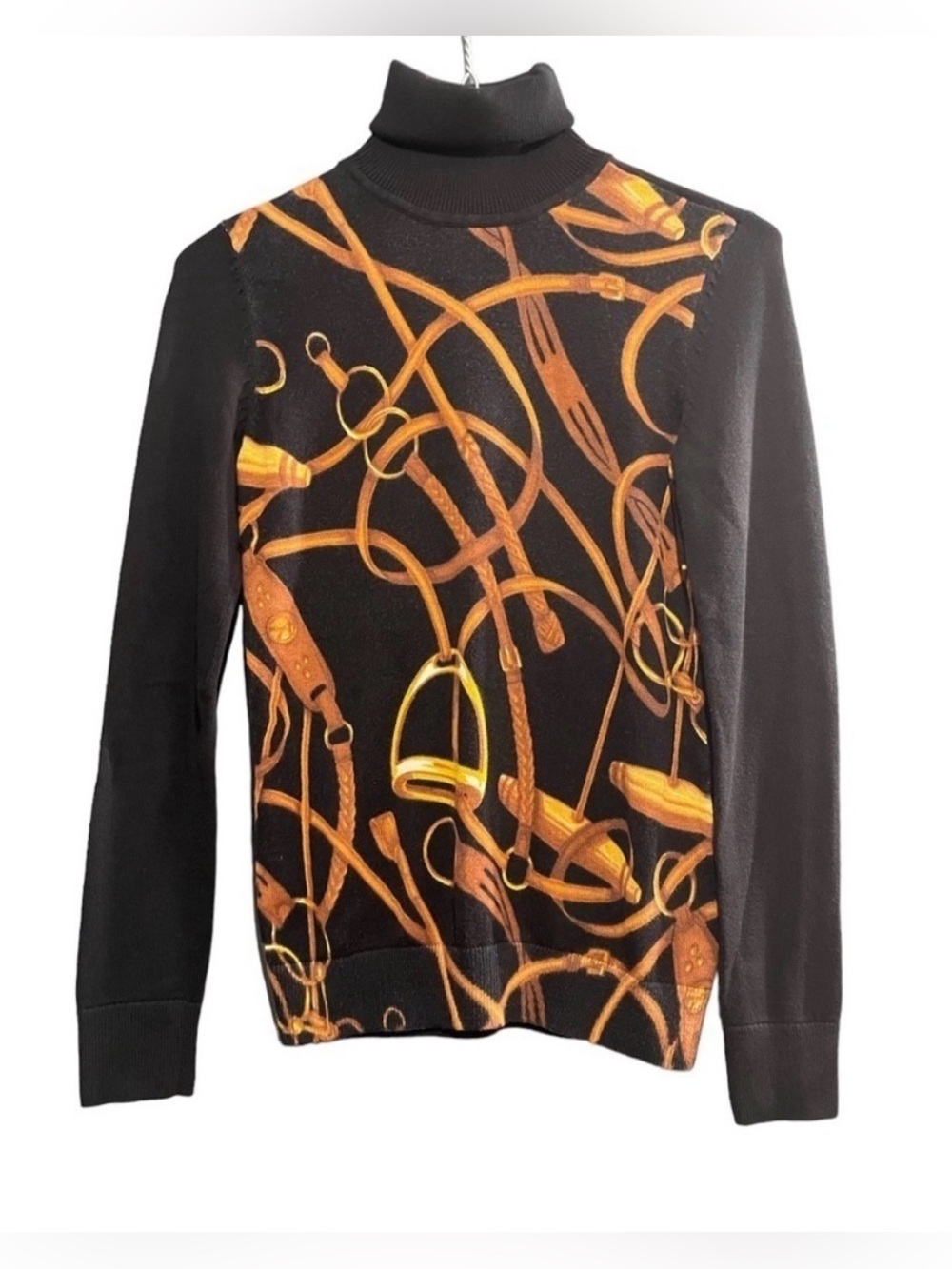 Ralph Lauren Black Turtleneck Sweater with Gold and Brown Equestrian Print